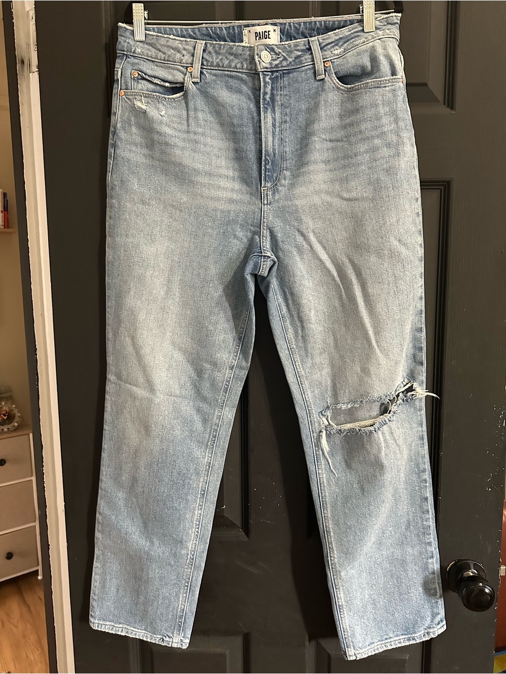 PAIGE Light Wash Straight Jeans with Knee Rip